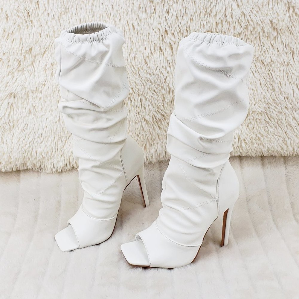 Women's White Slouchy Open-Toe Stiletto Boots